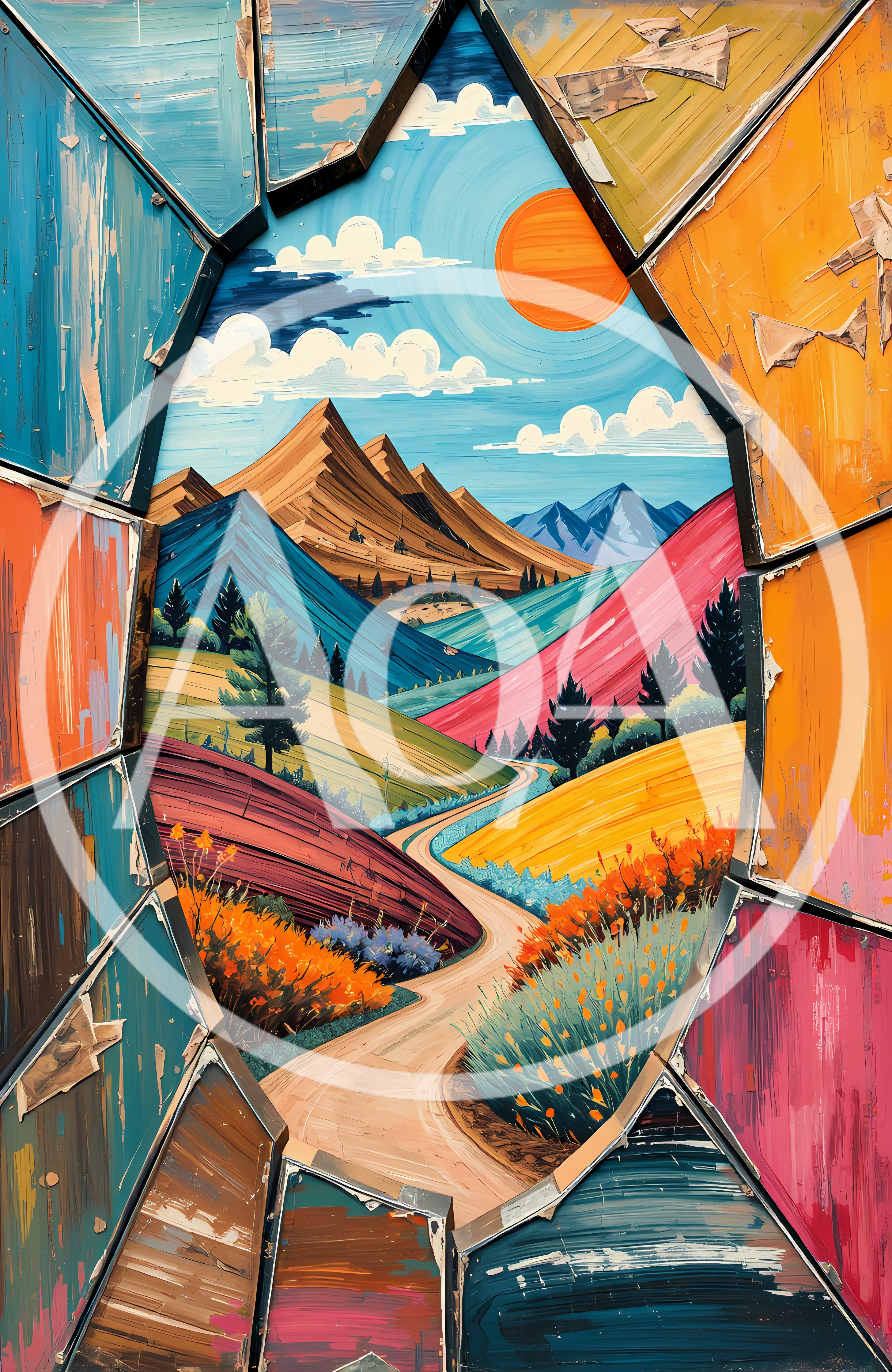 Abstract Landscape Painting Through A Shattered Glass Frame