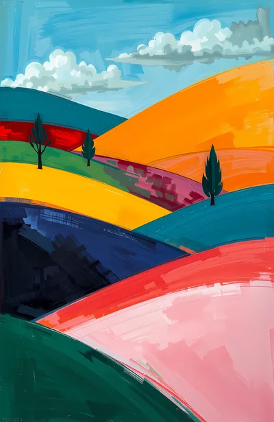 Abstract Impressionist Landscape Painting With Rolling Hills