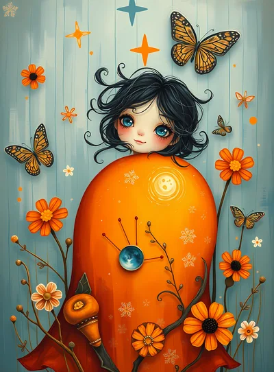 Whimsical Illustration Of A Girl With Butterflies And Flowers