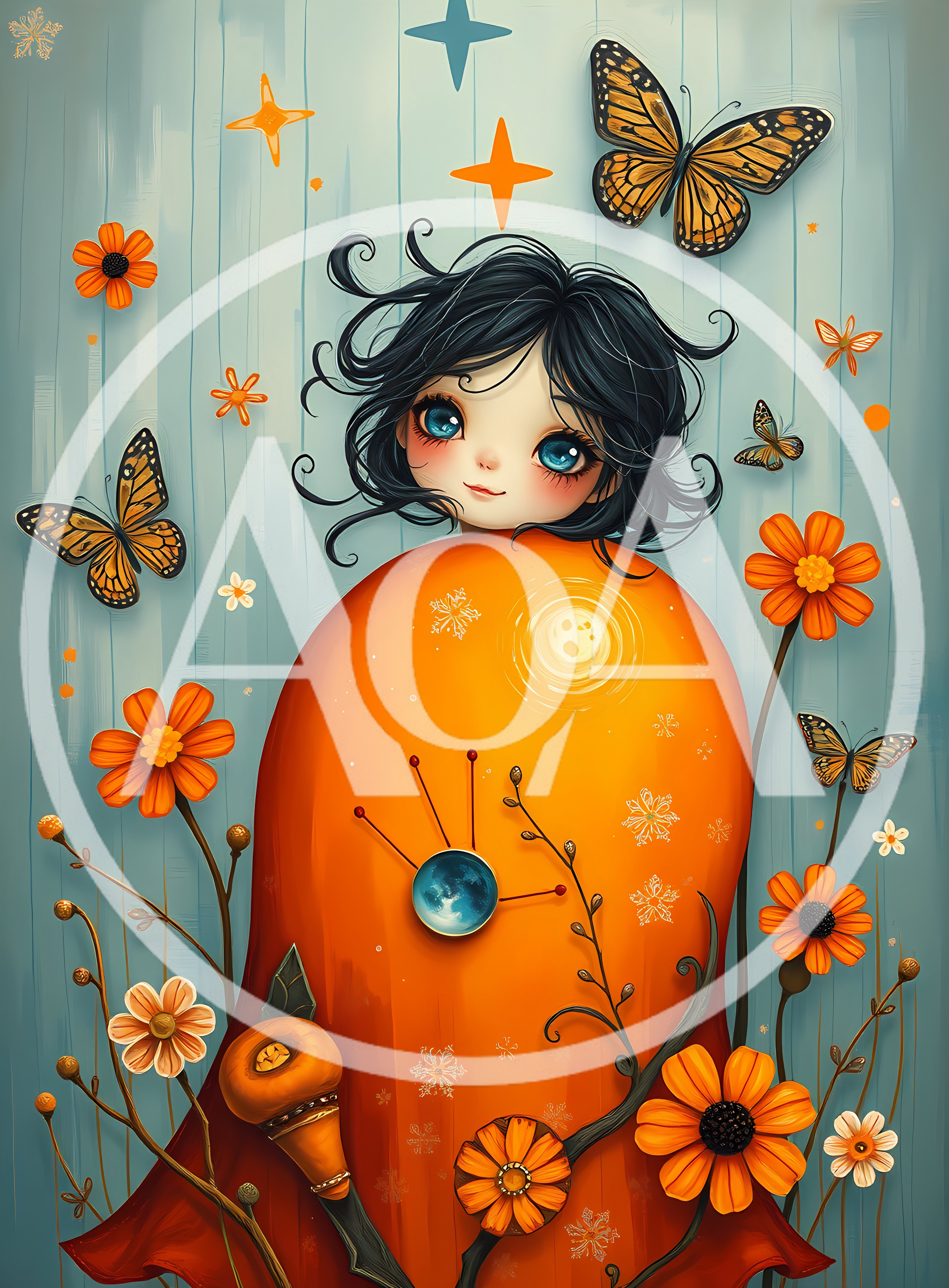 Whimsical Illustration Of A Girl With Butterflies And Flowers