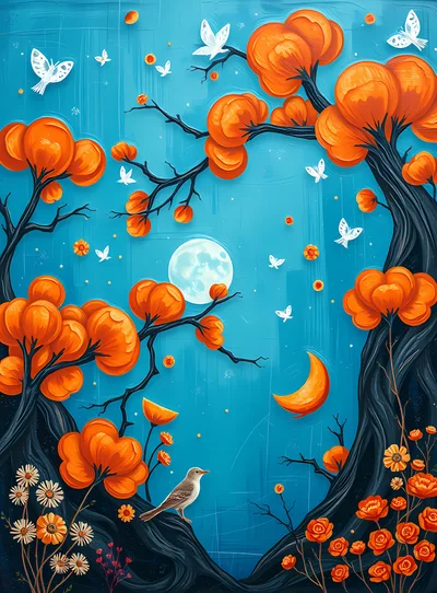 Whimsical Illustration Of Orange Flowers And Bird