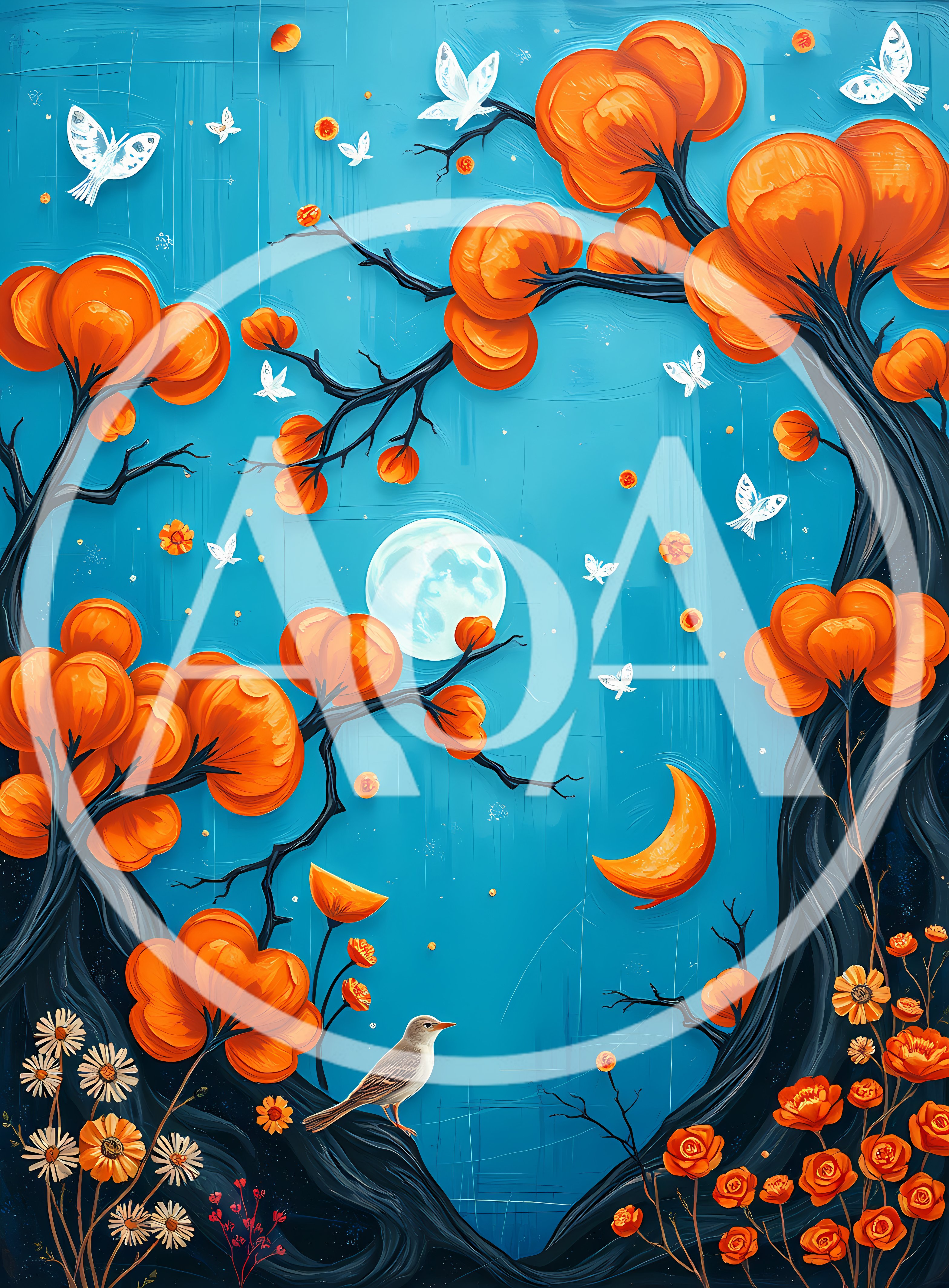 Whimsical Illustration Of Orange Flowers And Bird