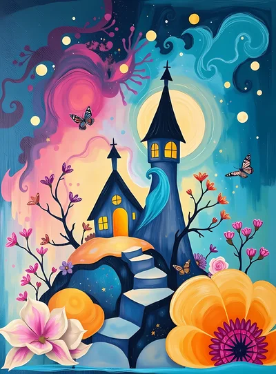 Whimsical Fantasy Castle With Butterflies And Flowers
