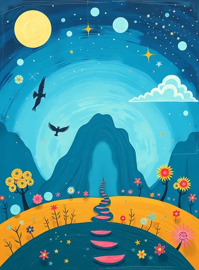 Surreal Landscape Illustration With Winding Path And Mountains