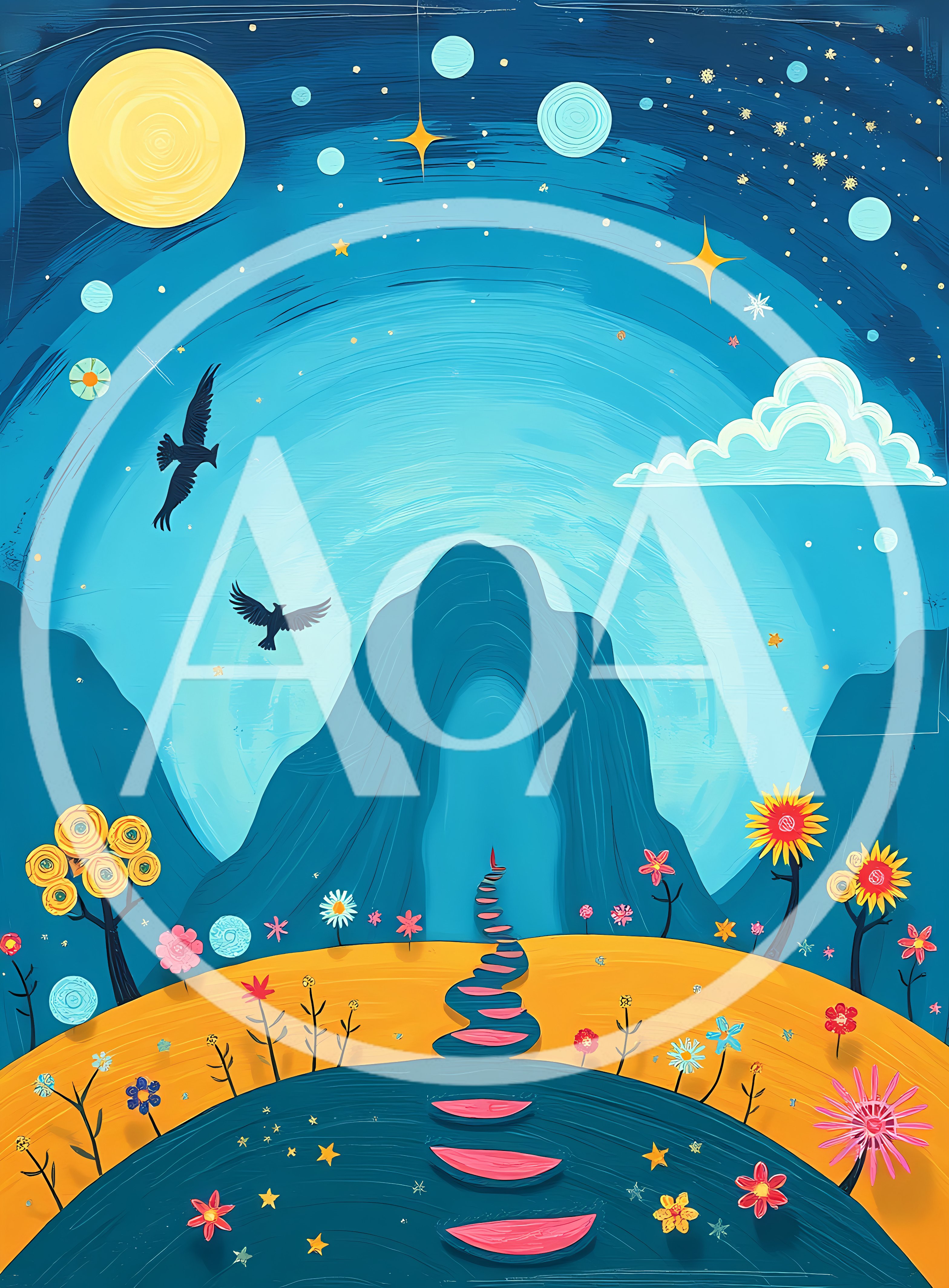 Surreal Landscape Illustration With Winding Path And Mountains