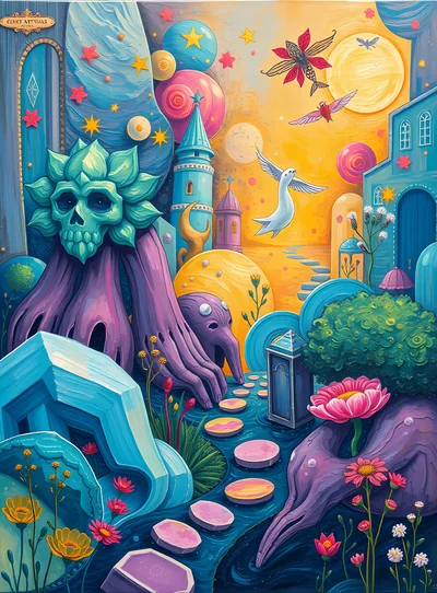 Surreal Fantasy Landscape With Skull And Floating Islands