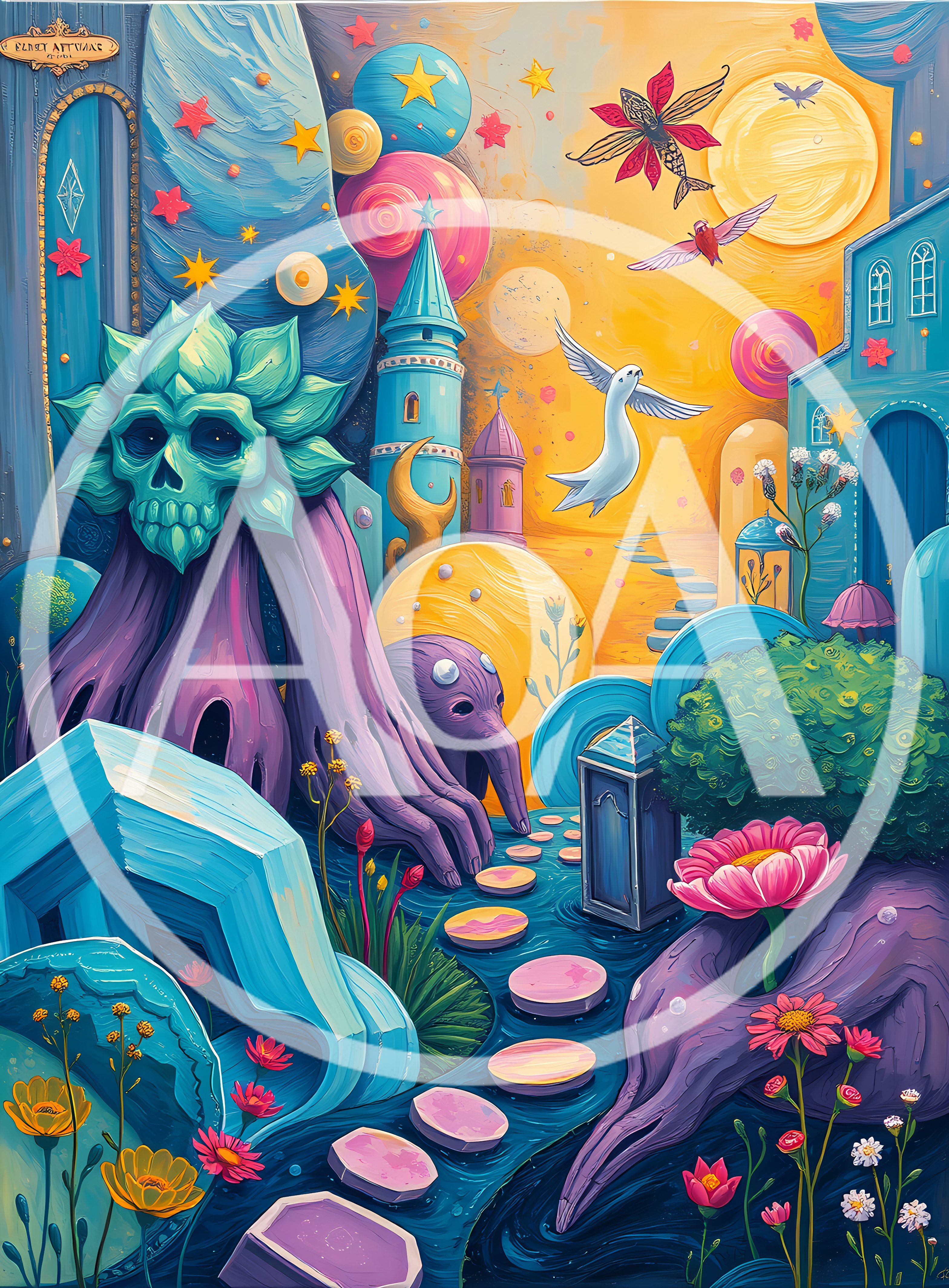 Surreal Fantasy Landscape With Skull And Floating Islands