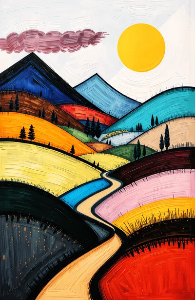 Abstract Impressionist Landscape Painting With Rolling Hills