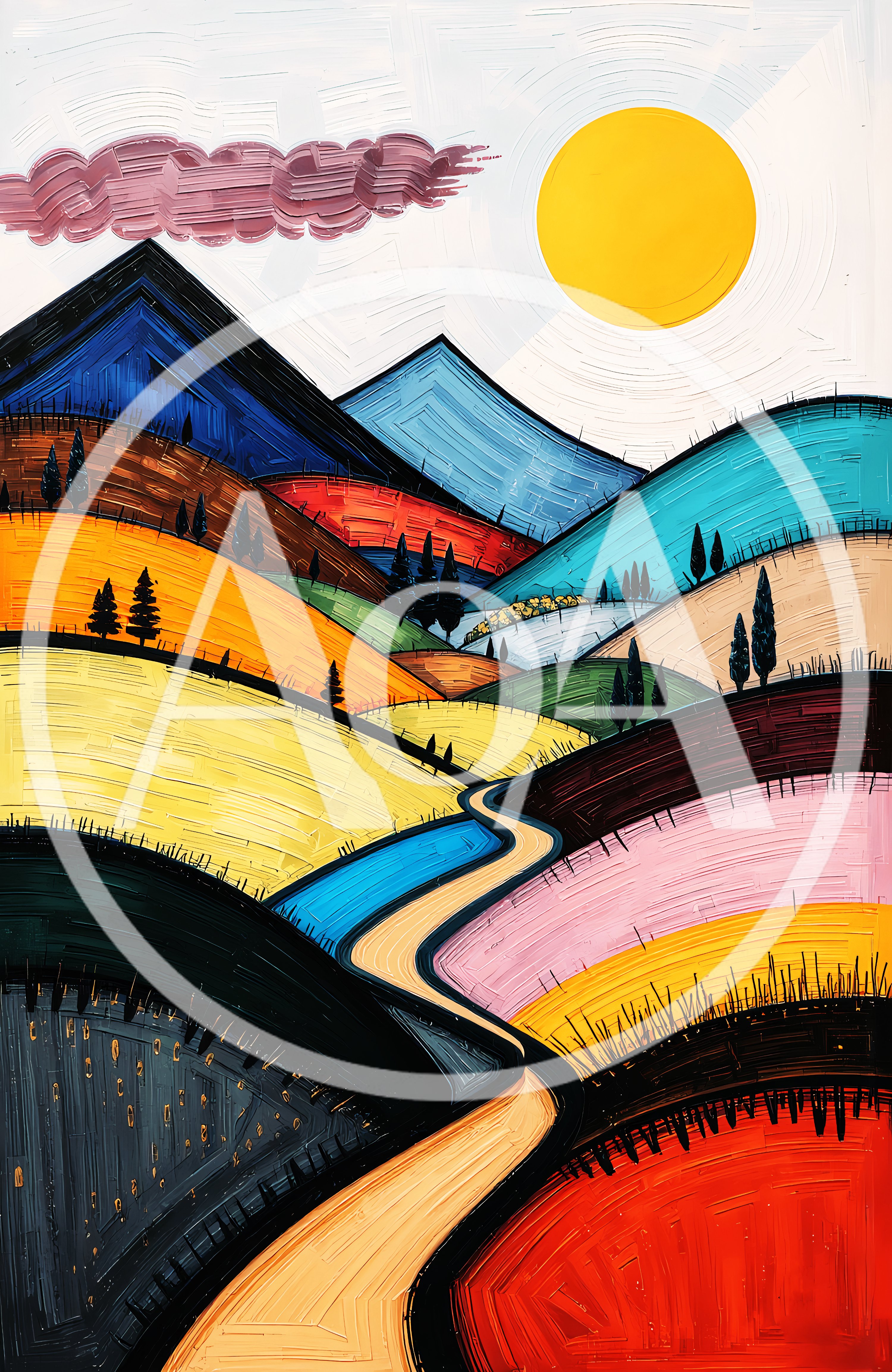 Abstract Impressionist Landscape Painting With Rolling Hills