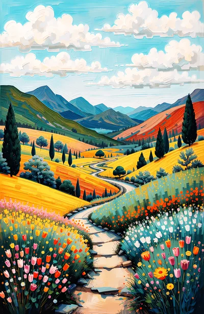 Impressionist Painting Of A Winding Path Through Floral Fields