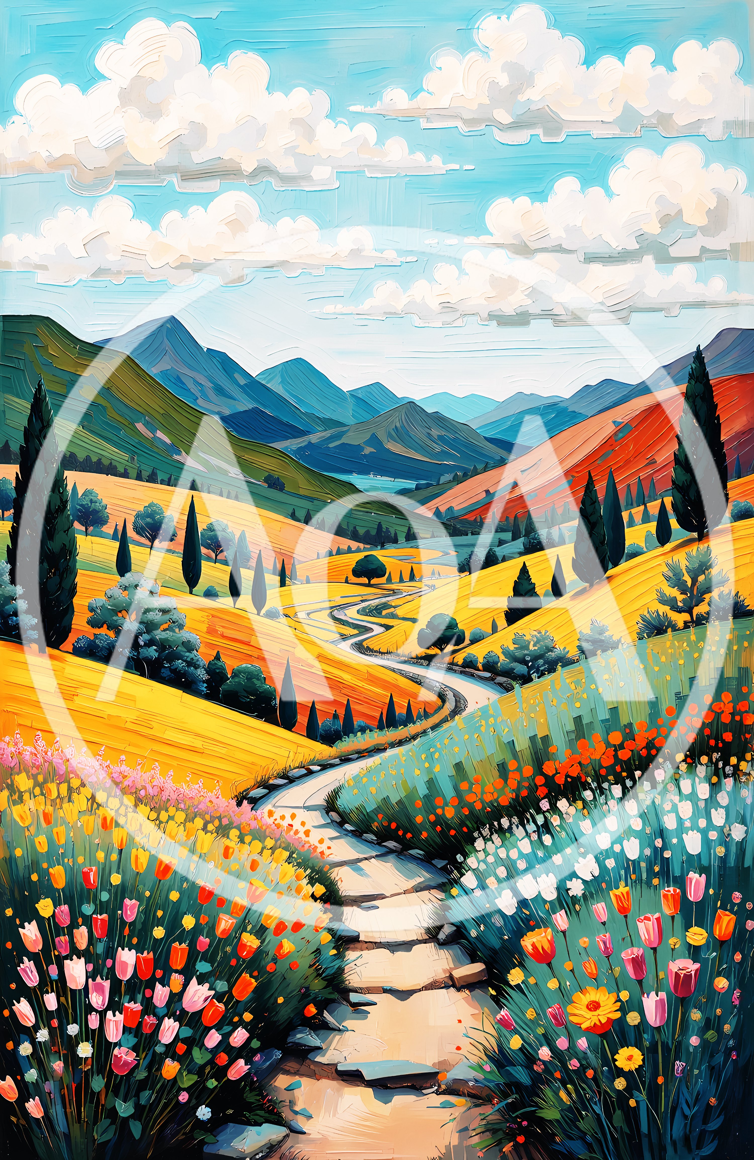 Impressionist Painting Of A Winding Path Through Floral Fields