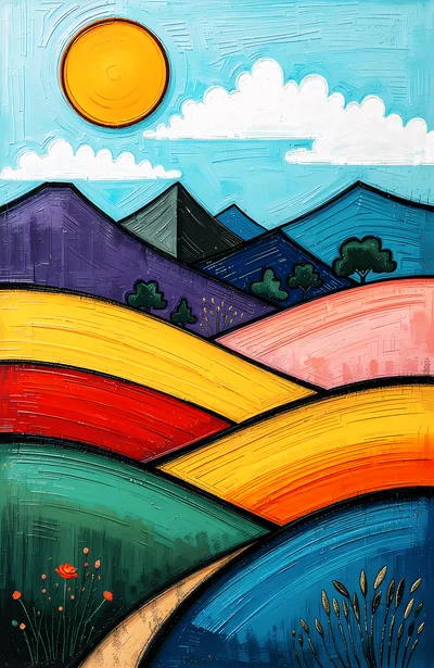 Abstract Textured Landscape Painting With Vibrant Rolling Hills