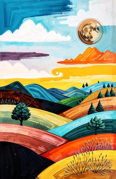 Stylized Landscape Painting With Rolling Hills And Moon