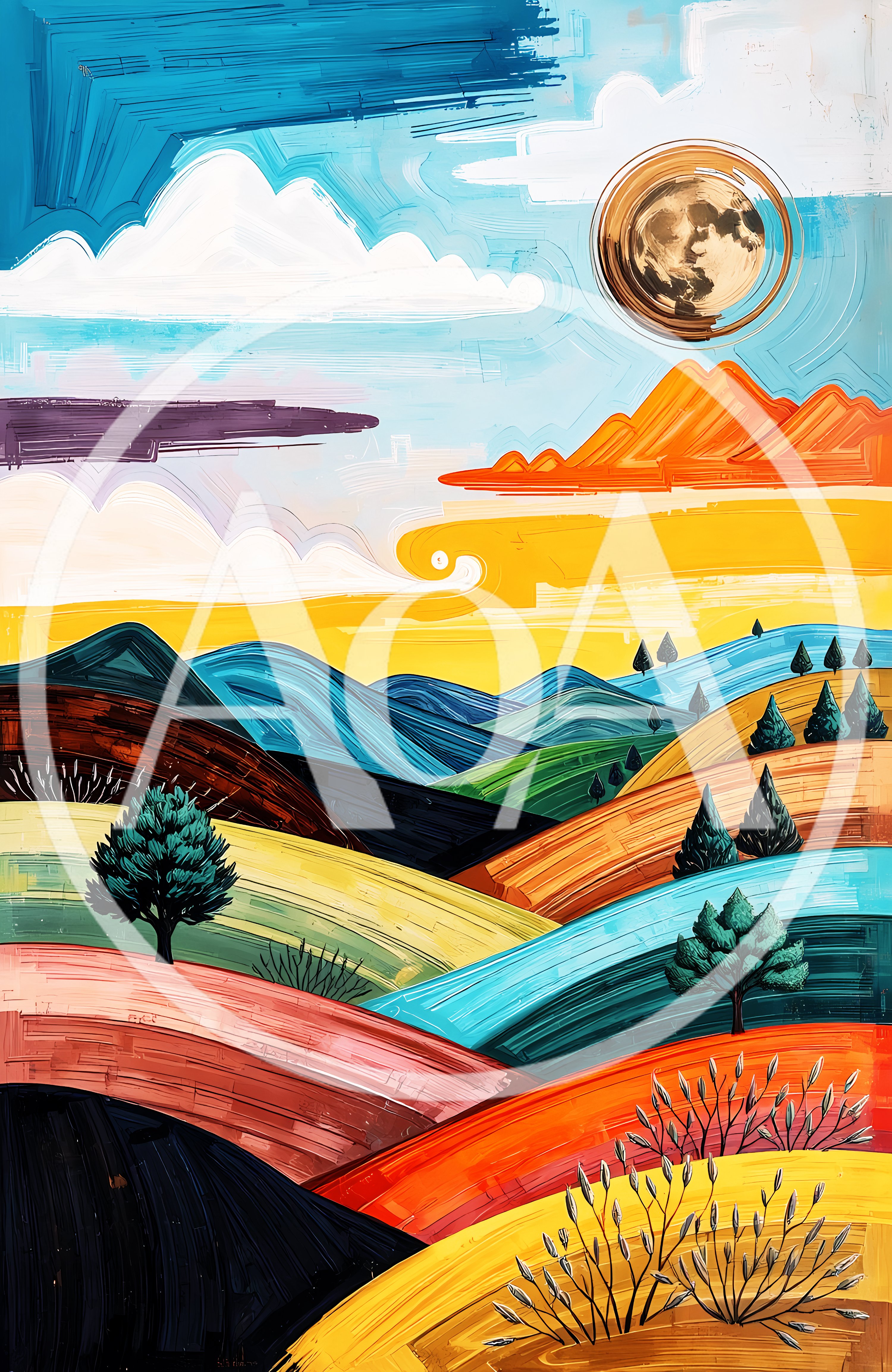 Stylized Landscape Painting With Rolling Hills And Moon