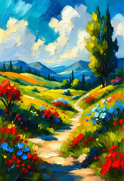 Impressionist Oil Painting Of A Vibrant Countryside Path