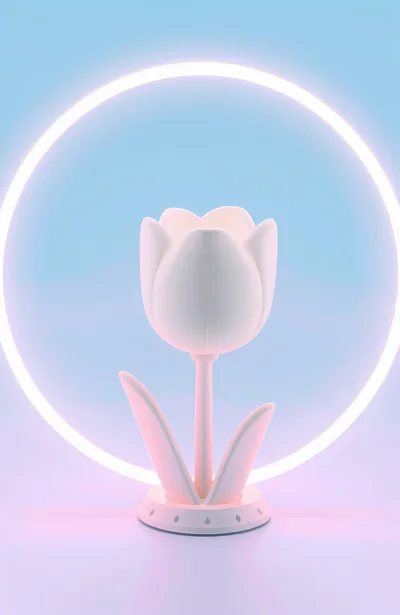 Minimalist White Tulip Lamp With Glowing Neon Ring