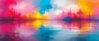 Abstract Colorful Sunset Landscape Painting With Water Reflection