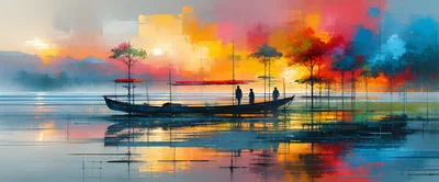 Silhouetted Figures On A Traditional Boat At Sunset