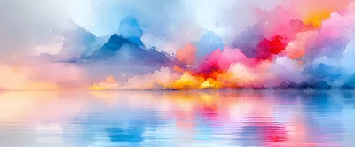 Abstract Watercolor Landscape With Vibrant Mountain Reflection