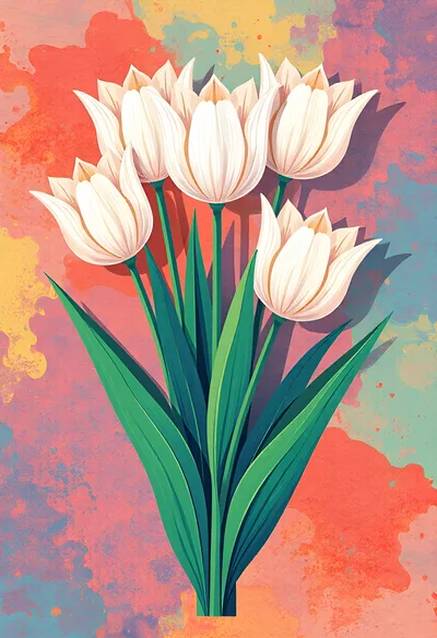 White Tulip Bouquet Against Abstract Watercolor Background