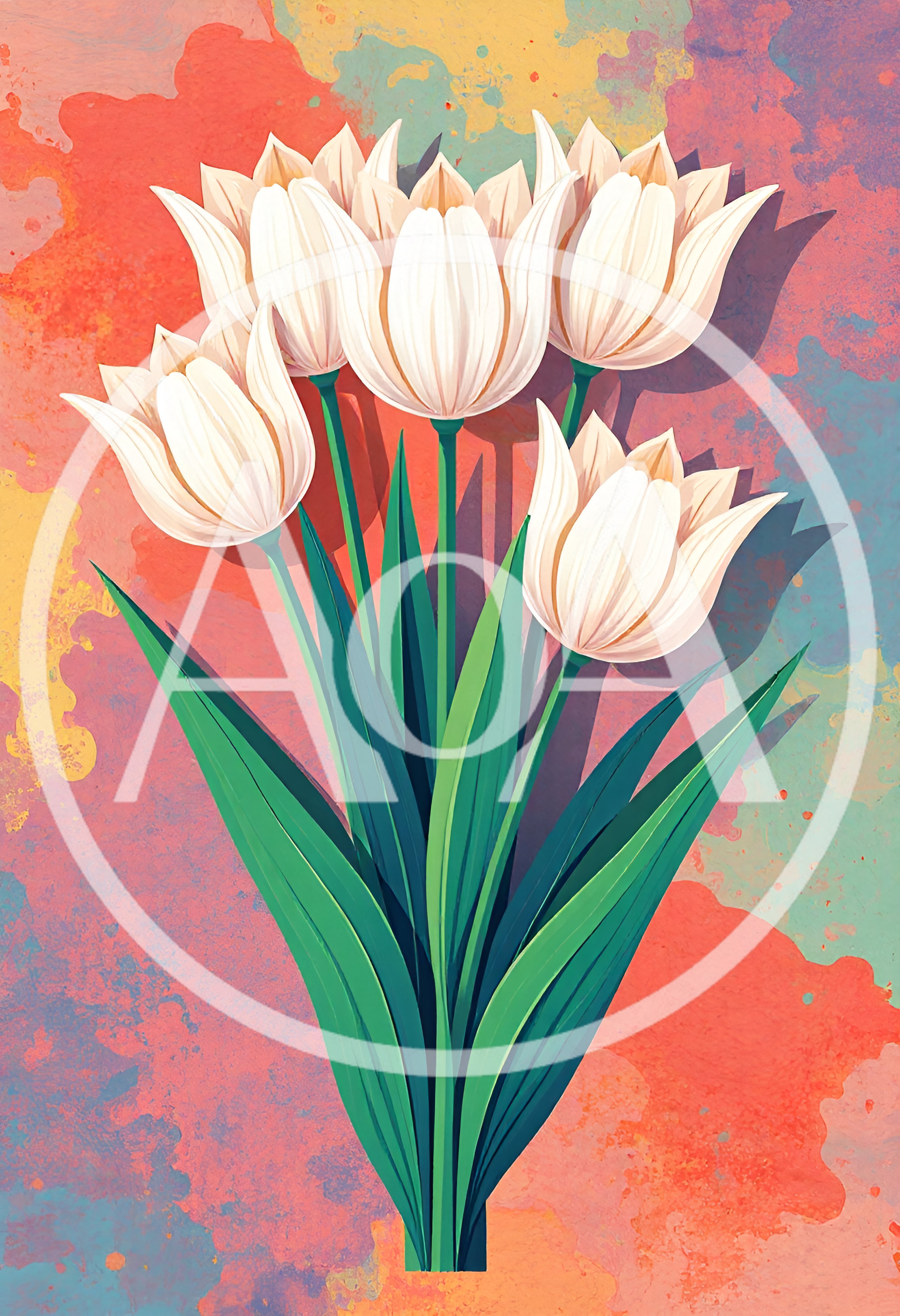 White Tulip Bouquet Against Abstract Watercolor Background