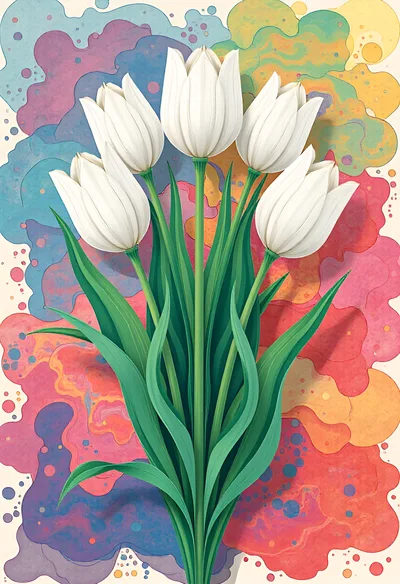 White Tulip Bouquet Against Abstract Colorful Background