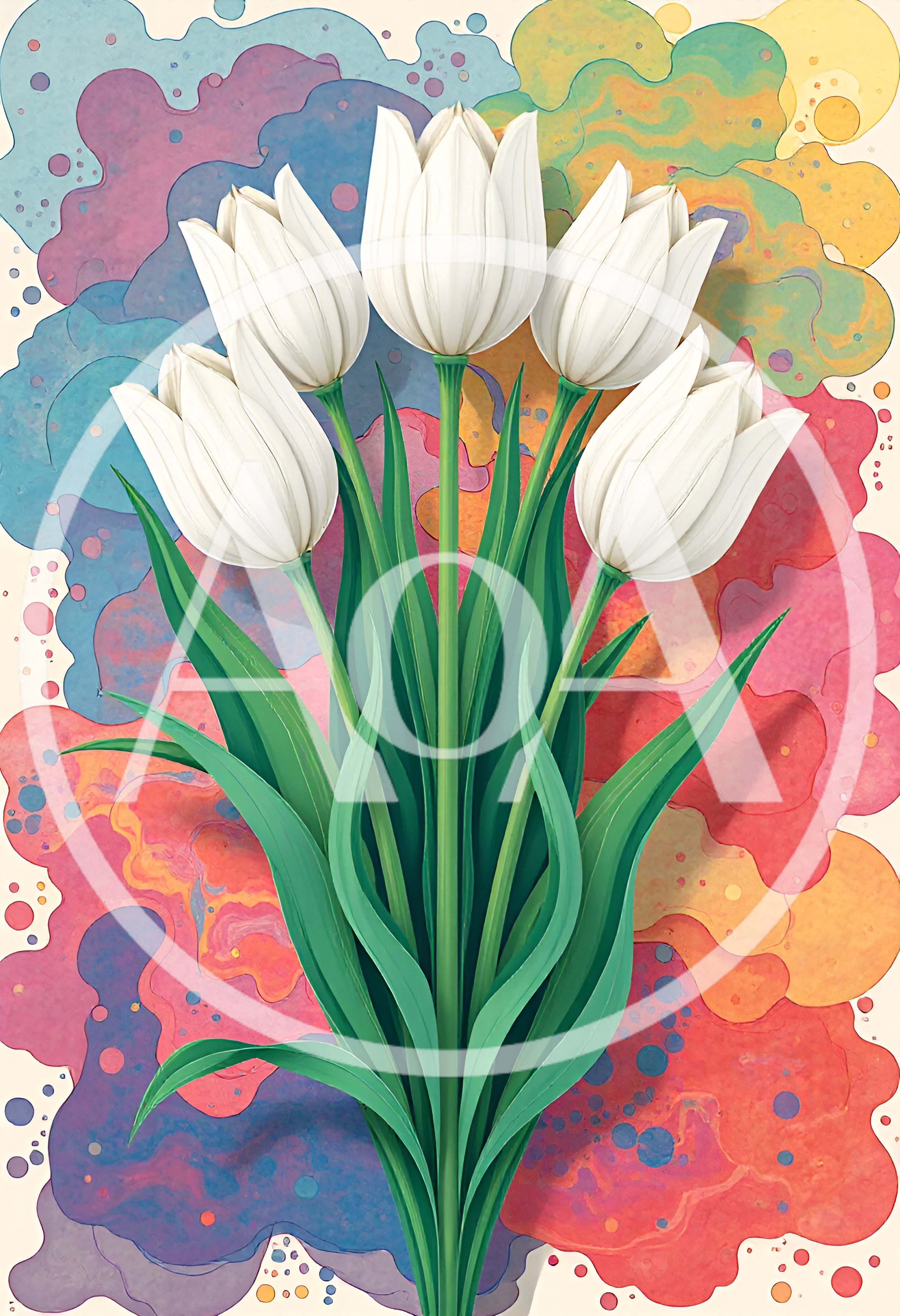 White Tulip Bouquet Against Abstract Colorful Background