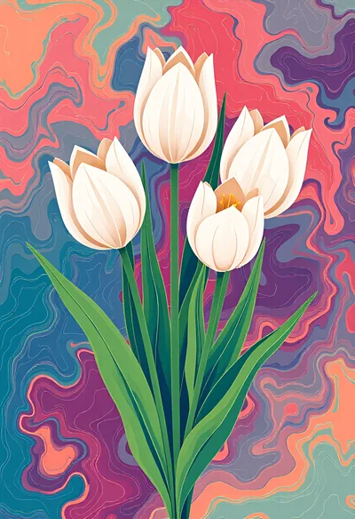 White Tulip Bouquet Against Abstract Swirling Colorful Background
