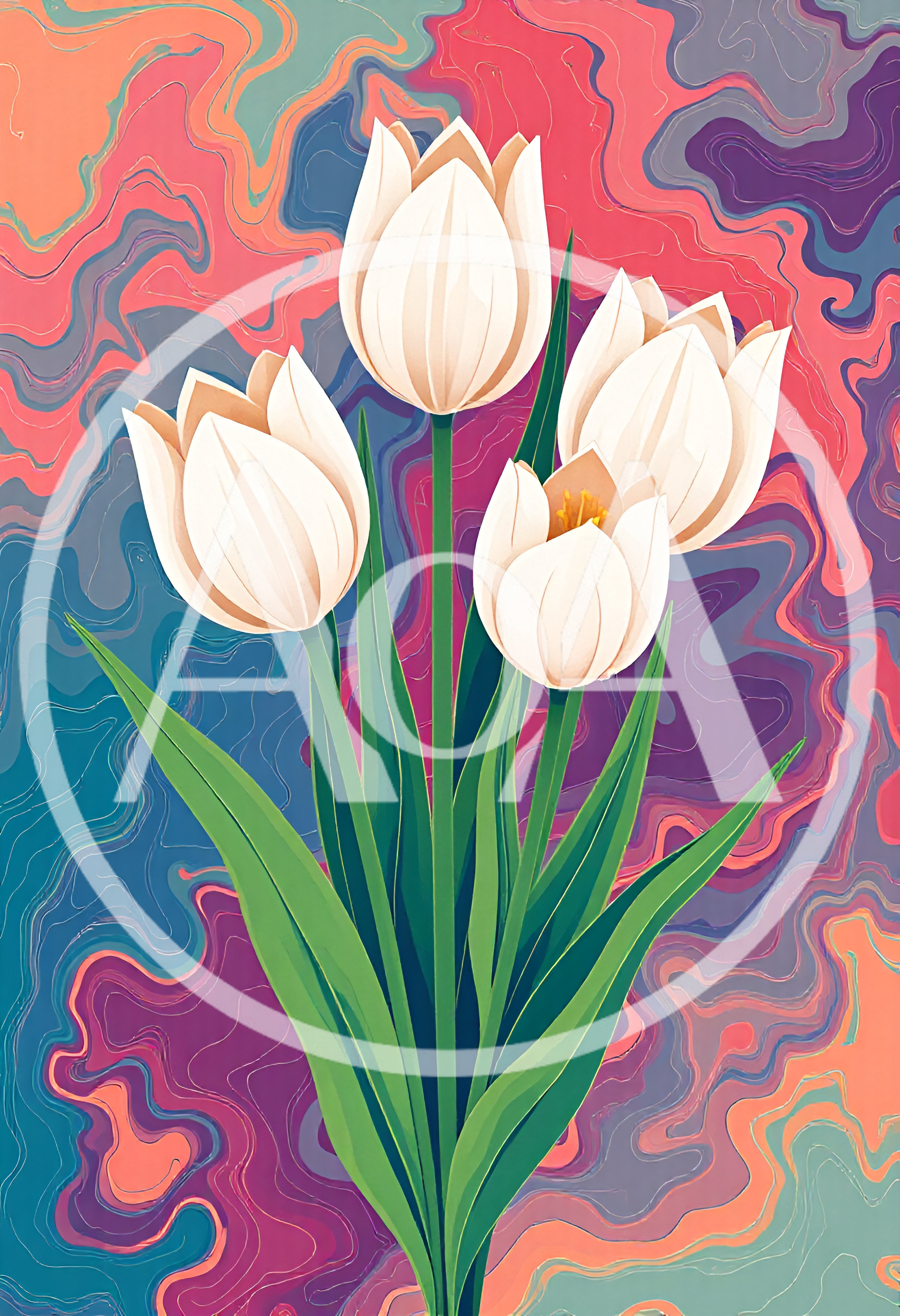 White Tulip Bouquet Against Abstract Swirling Colorful Background