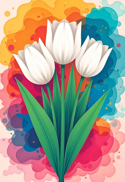 Three White Tulips Against A Colorful Watercolor Background