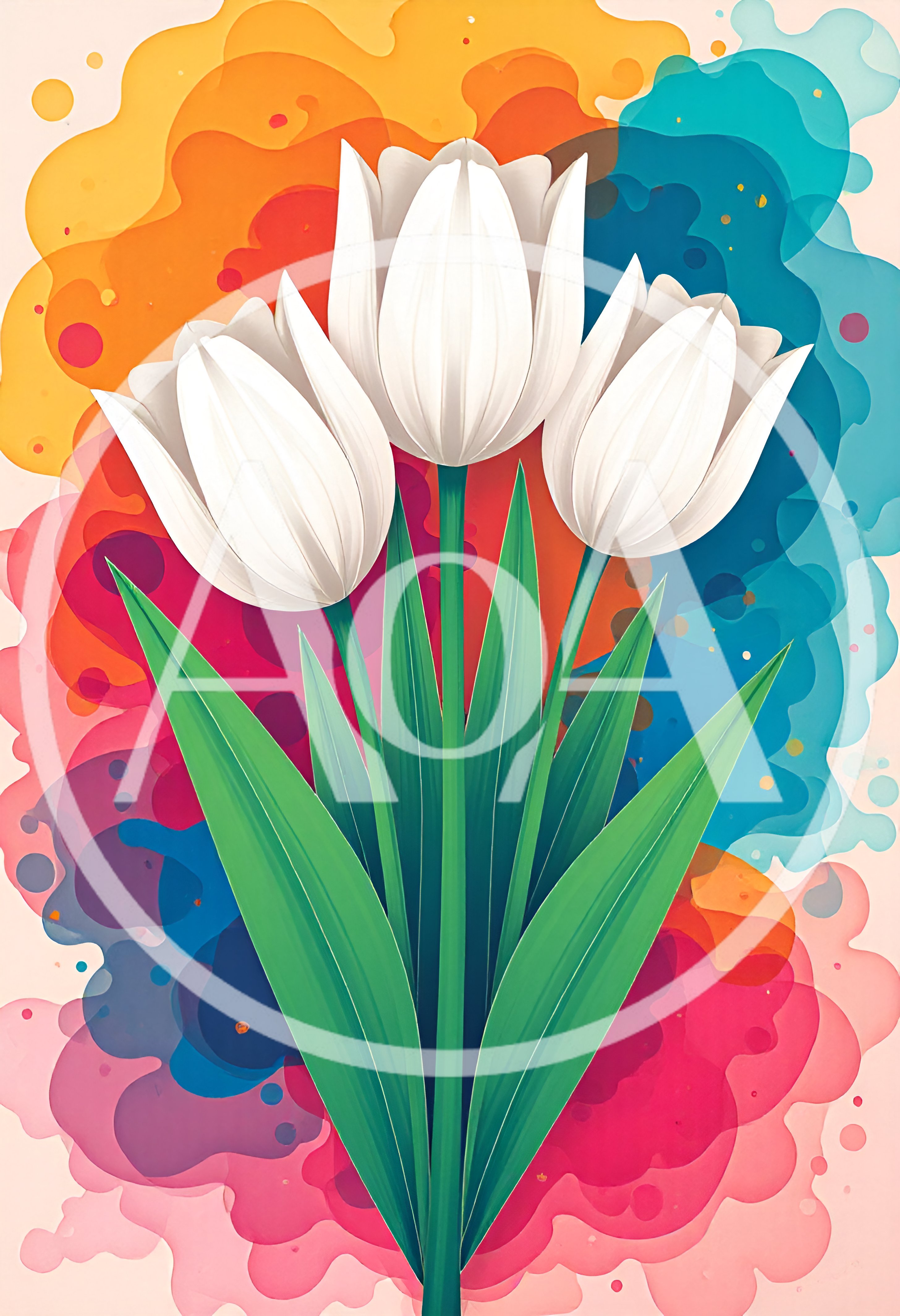Three White Tulips Against A Colorful Watercolor Background