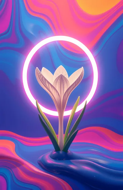 Glowing White Crocus Flower With Neon Ring