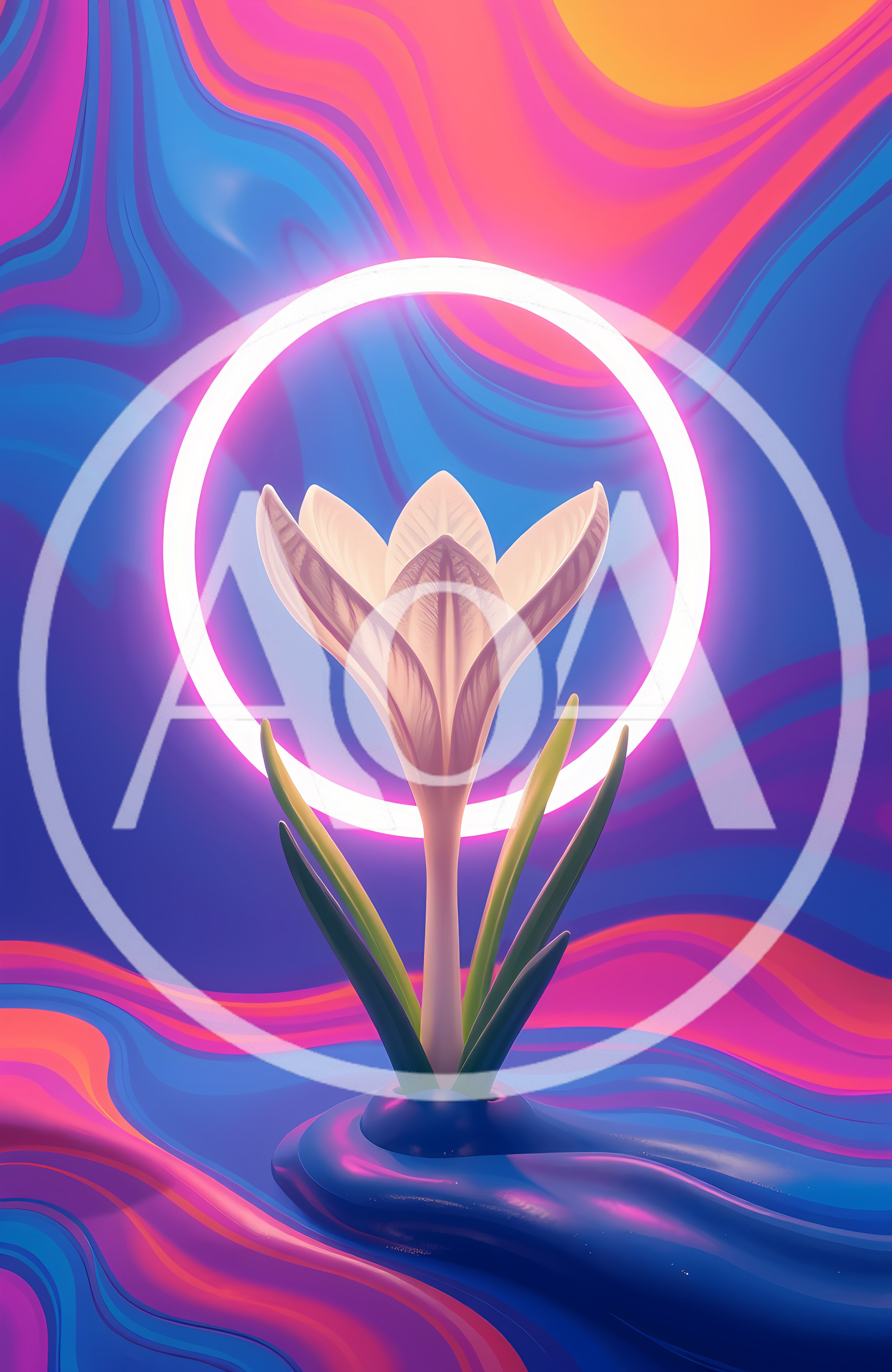 Glowing White Crocus Flower With Neon Ring