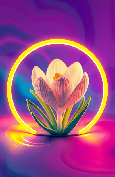 Glowing Crocus Flower Inside A Neon Yellow Ring