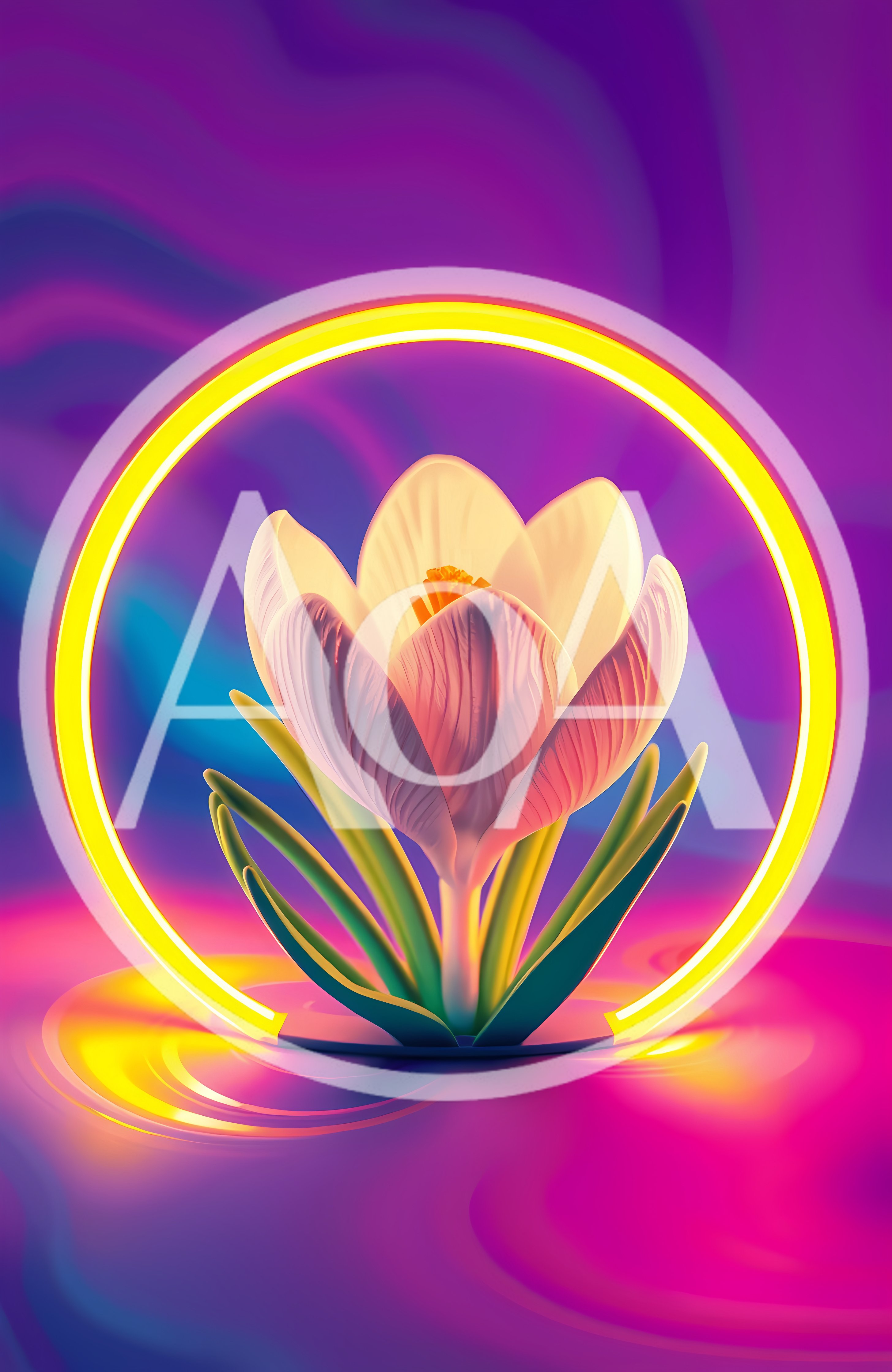 Glowing Crocus Flower Inside A Neon Yellow Ring