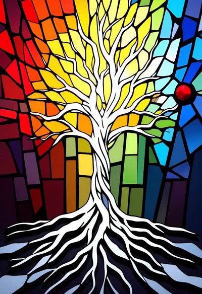 Stained Glass Tree Of Life With Vibrant Rainbow Background
