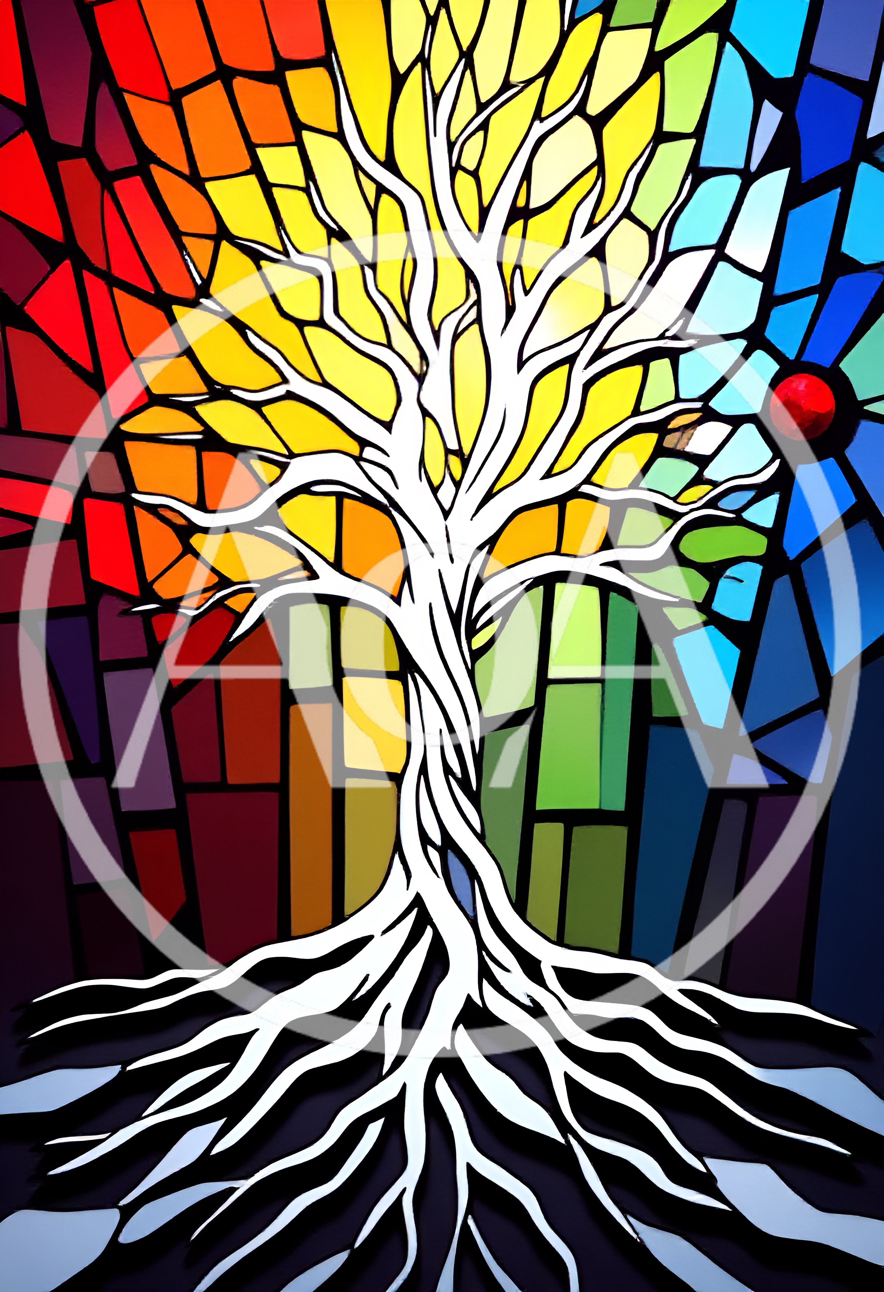 Stained Glass Tree Of Life With Vibrant Rainbow Background