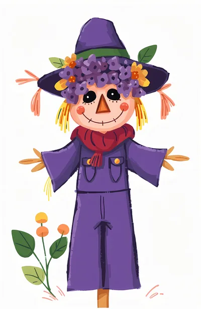 Cute Cartoon Scarecrow With Purple Hat And Flowers