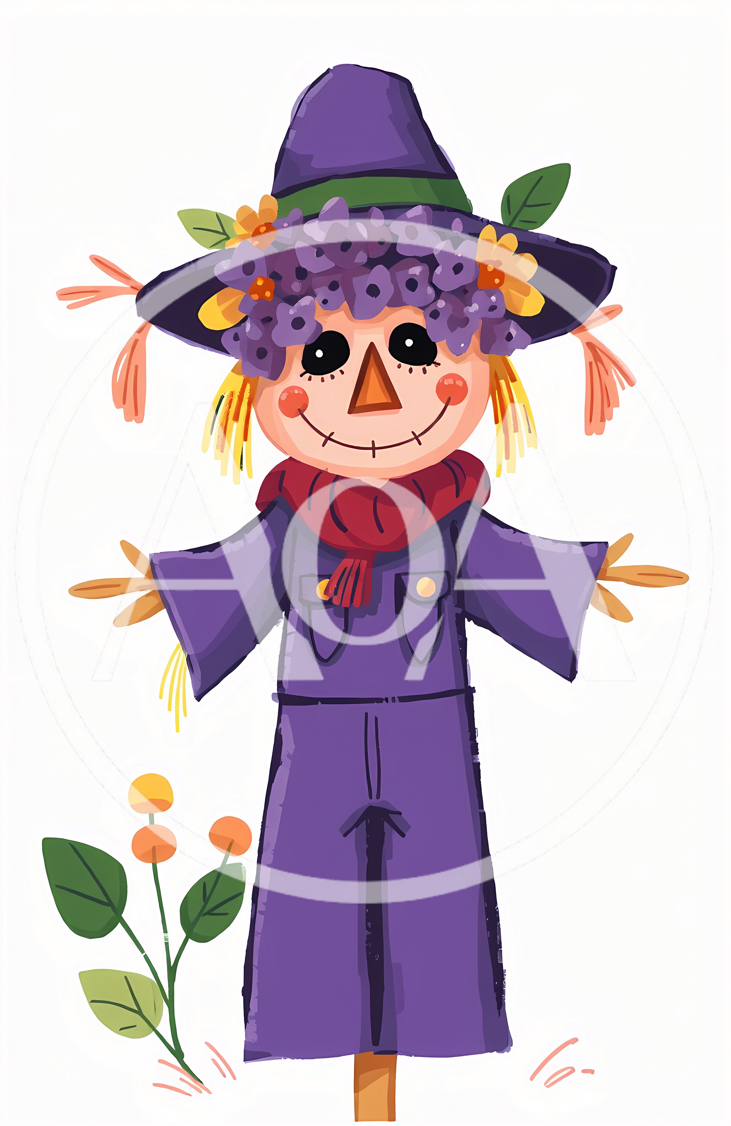 Cute Cartoon Scarecrow With Purple Hat And Flowers