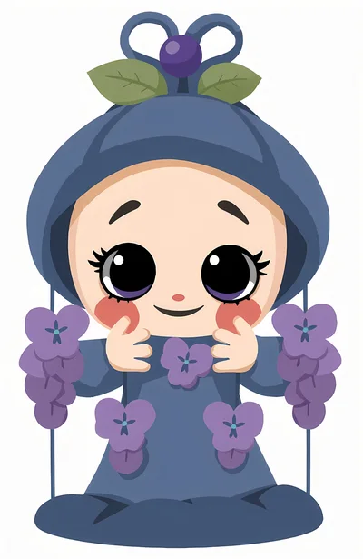 Cute Cartoon Character With Purple Flowers And Blue Hat
