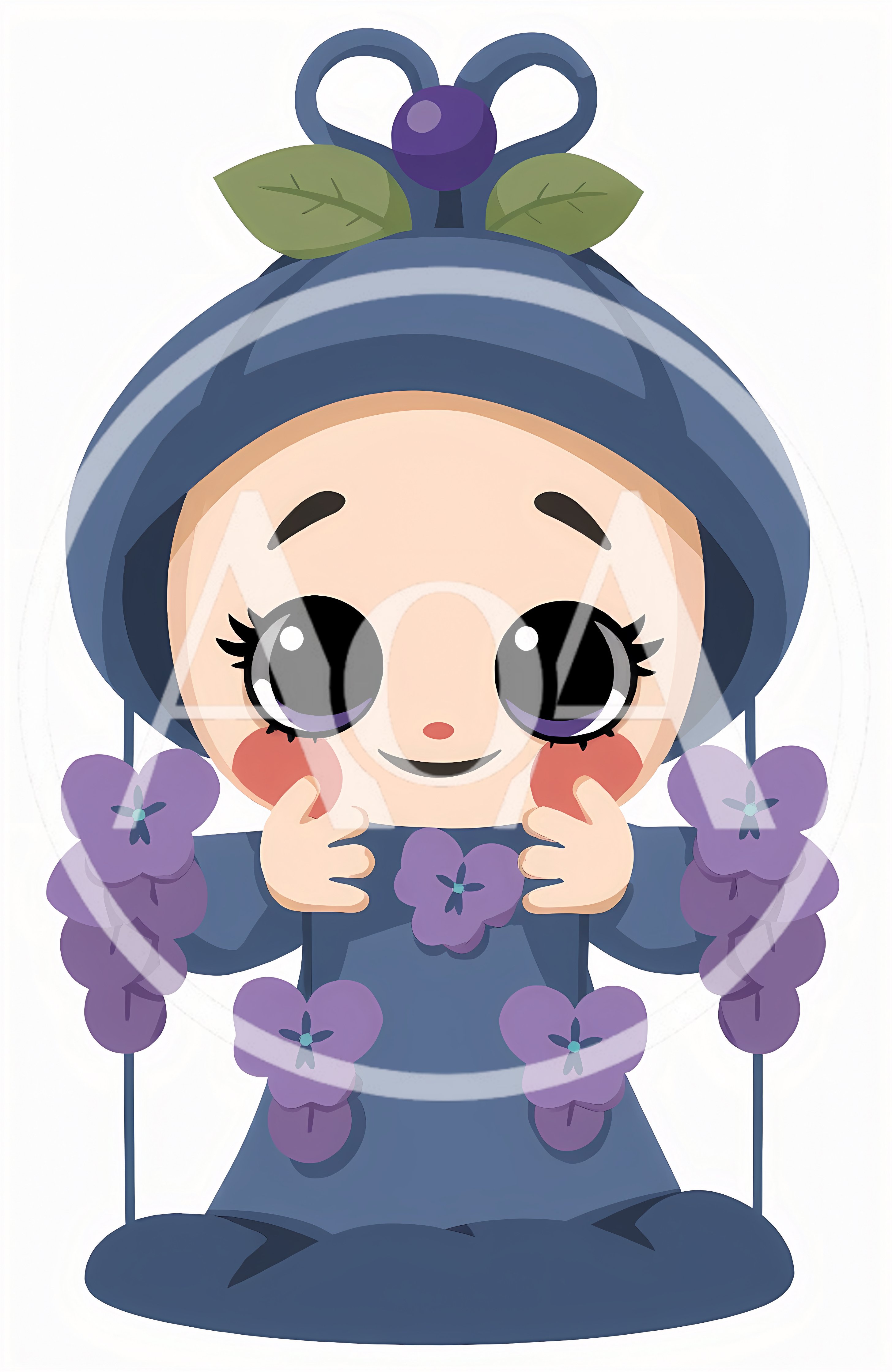 Cute Cartoon Character With Purple Flowers And Blue Hat