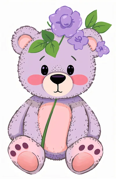 Cute Purple Teddy Bear With Flowers Illustration
