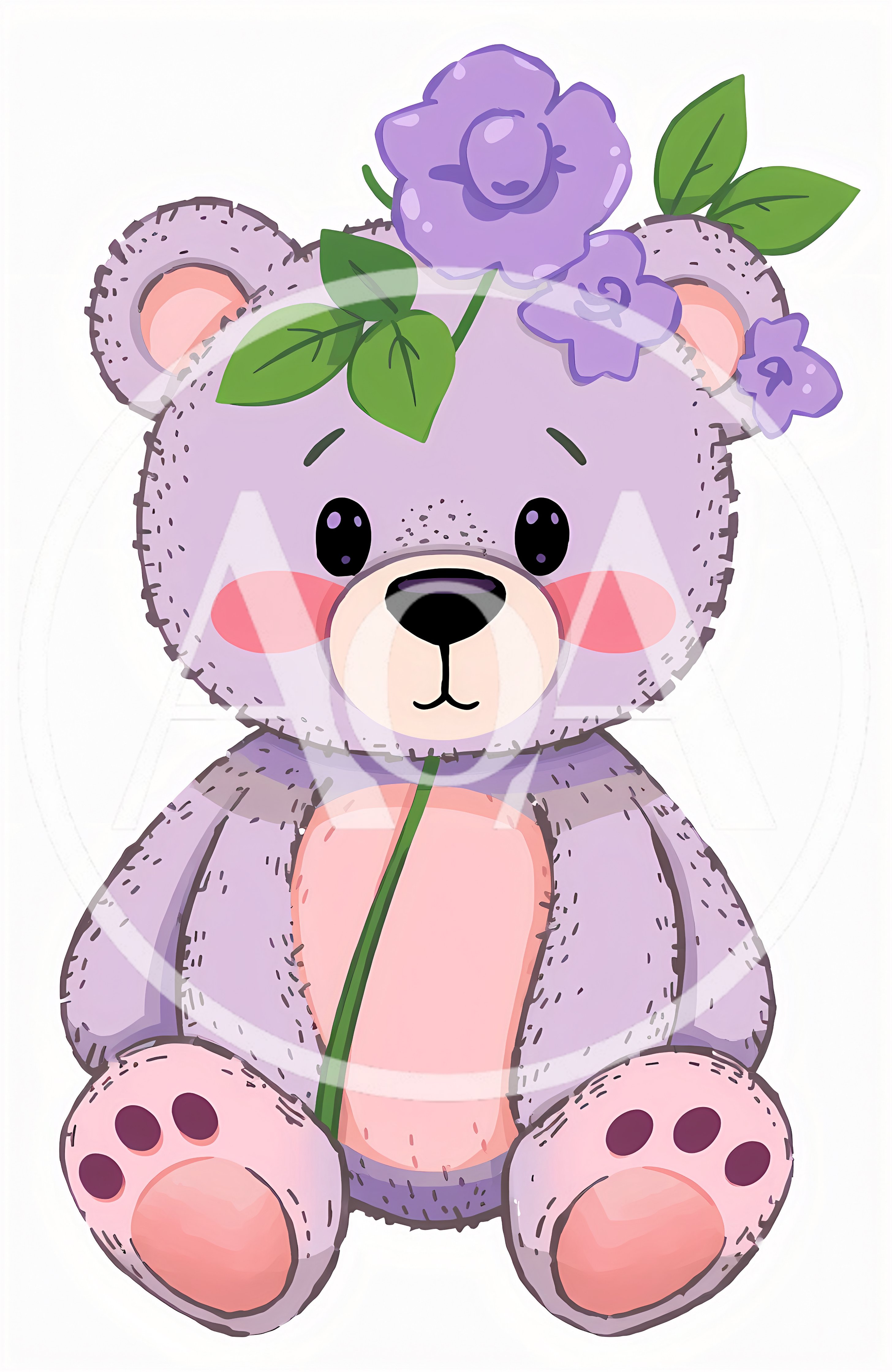 Cute Purple Teddy Bear With Flowers Illustration