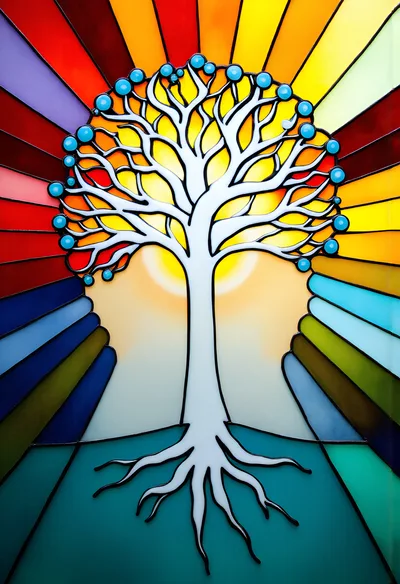 Stained Glass Tree Of Life With Radiant Sunburst Background