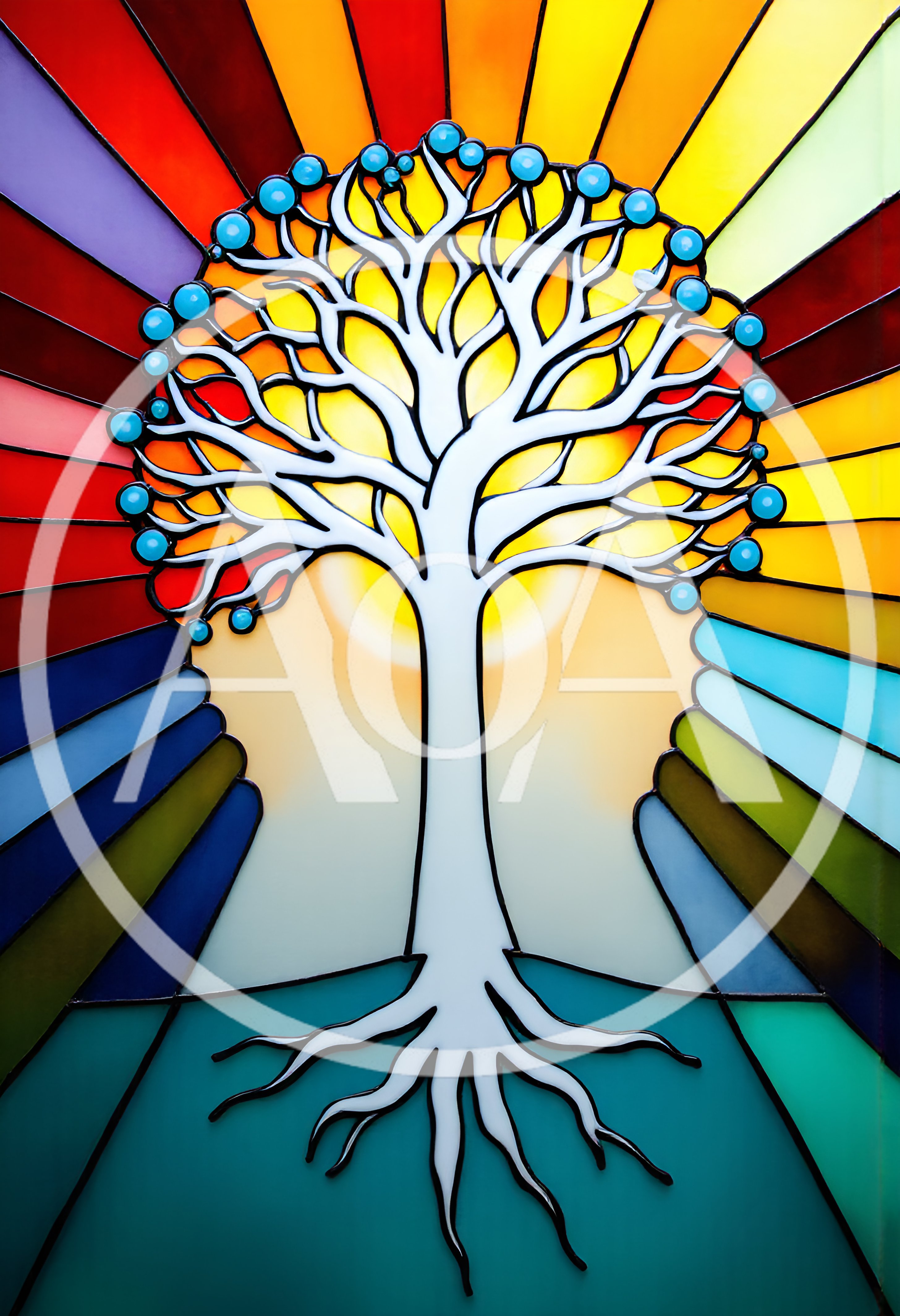 Stained Glass Tree Of Life With Radiant Sunburst Background
