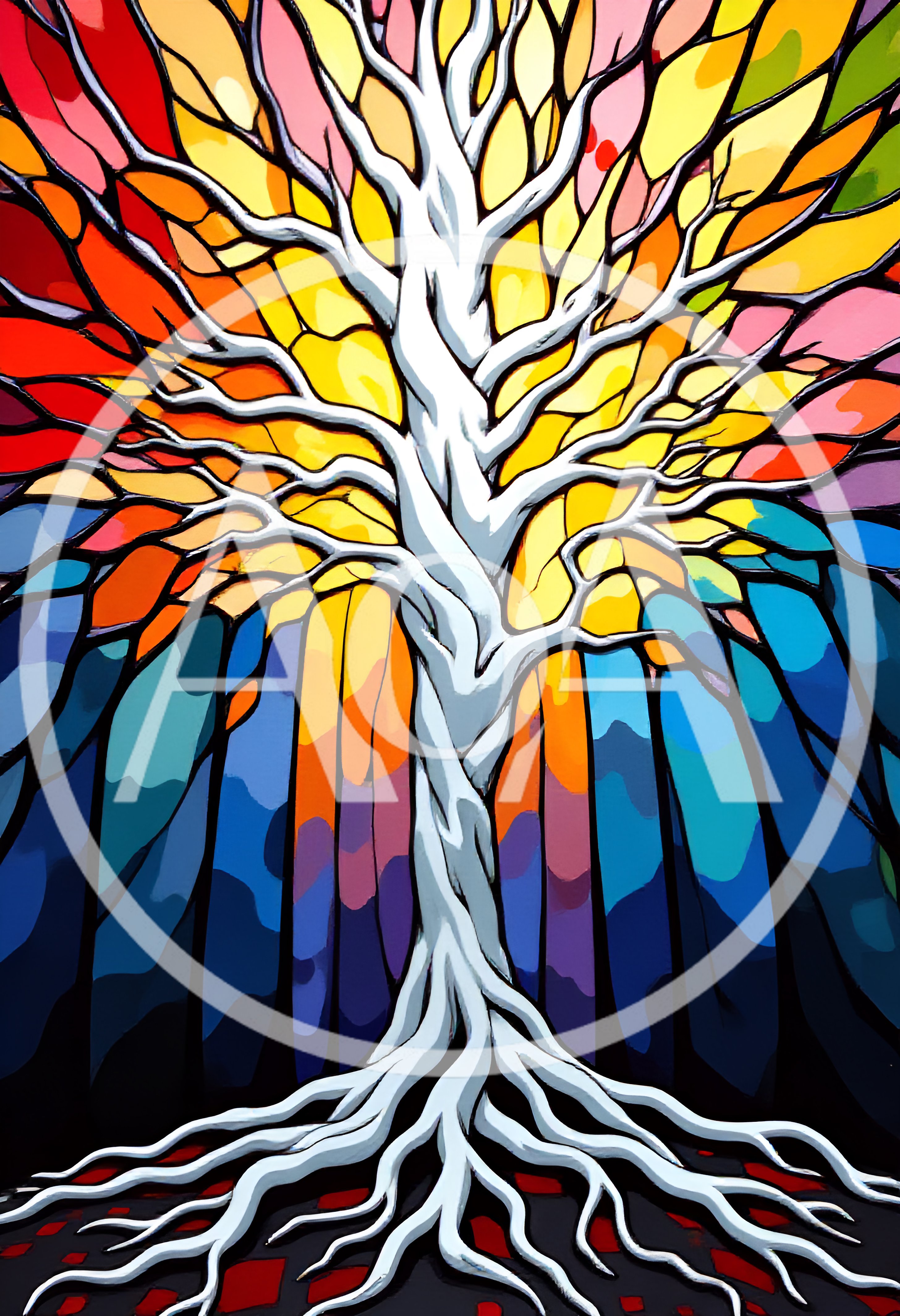 Stained Glass Style Tree With Vibrant Colorful Background