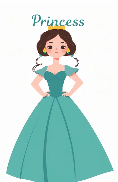 Cute Cartoon Princess Character In Teal Ballgown