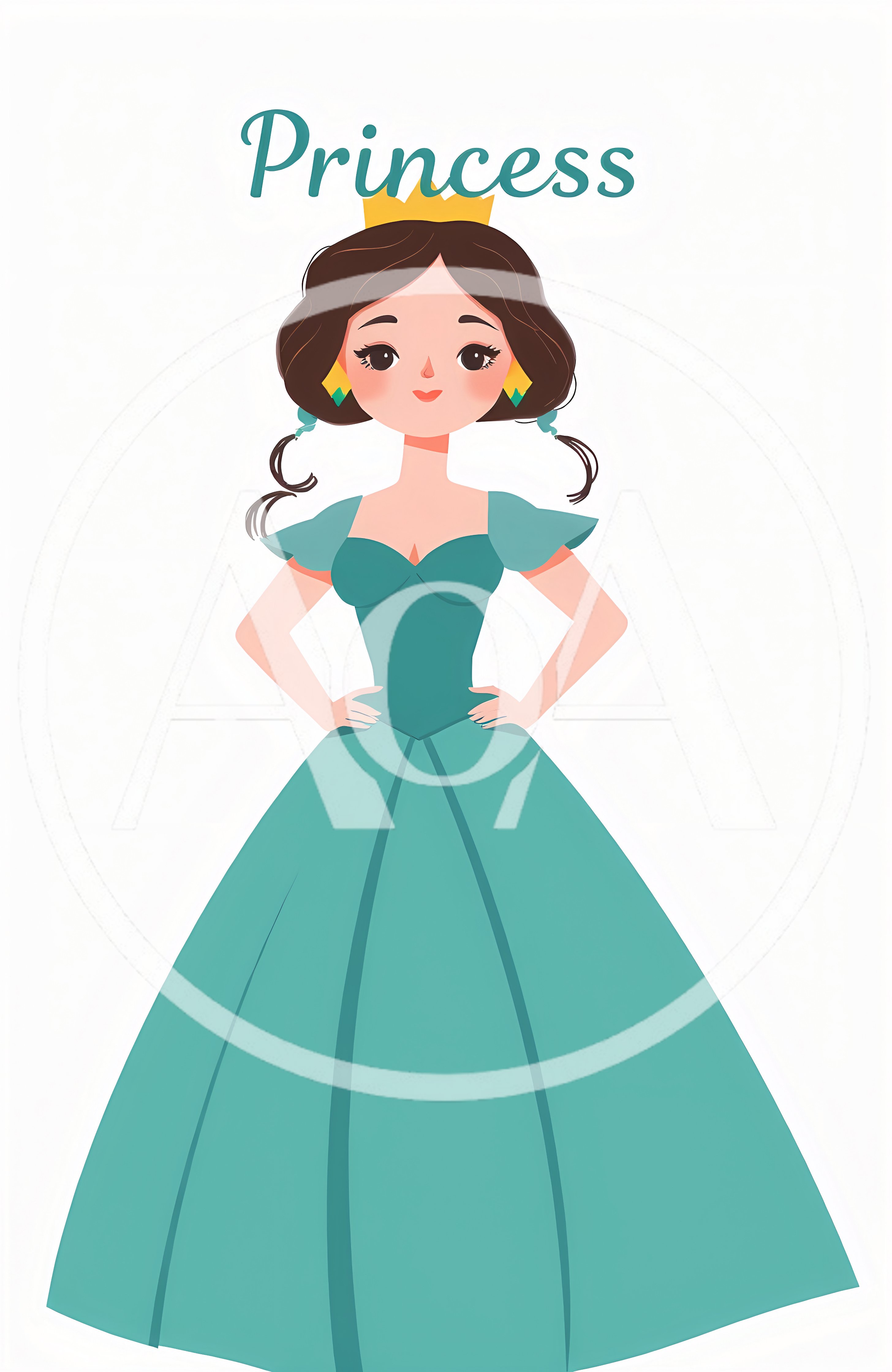 Cute Cartoon Princess Character In Teal Ballgown