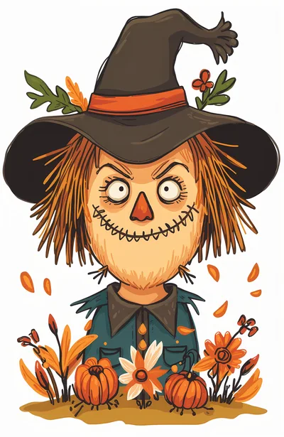 Cartoon Scarecrow Illustration With Pumpkins And Autumn Flowers