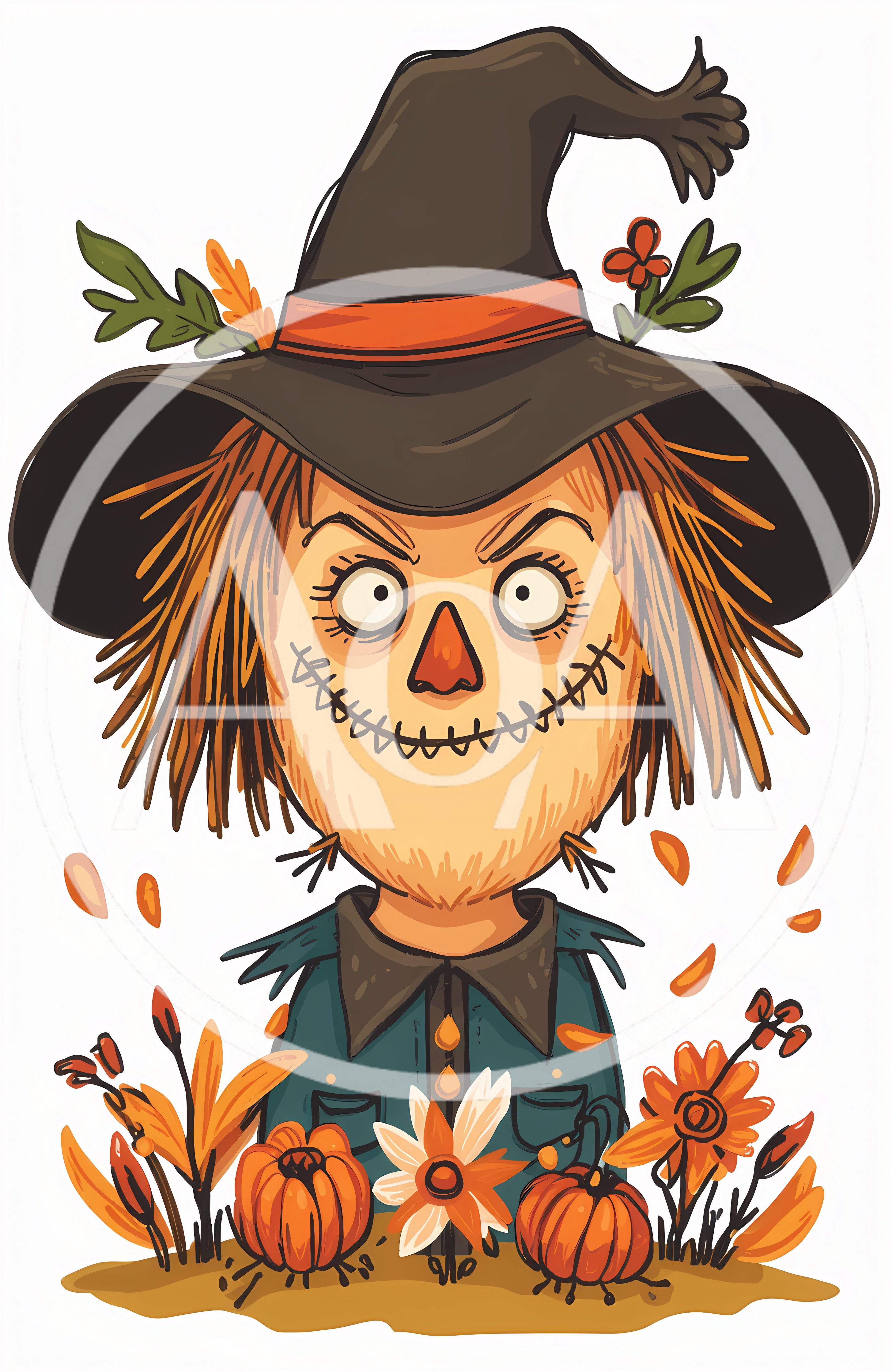 Cartoon Scarecrow Illustration With Pumpkins And Autumn Flowers